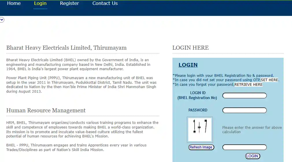 Login option for BHEL Trichy Apprentice Recruitment 2025
