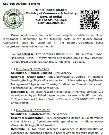 Official notification image of Rubber Board Recruitment 2025
