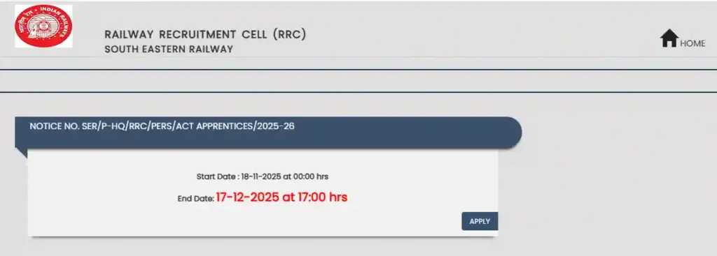 RRC SER Apprentice Recruitment 2025 Apply option for RRC SER Apprentice Recruitment 2025
