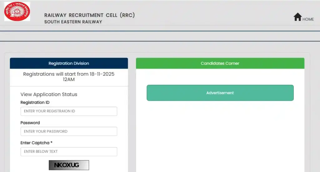 RRC SER Apprentice Recruitment 2025 Registration option for RRC SER Apprentice Recruitment 2025