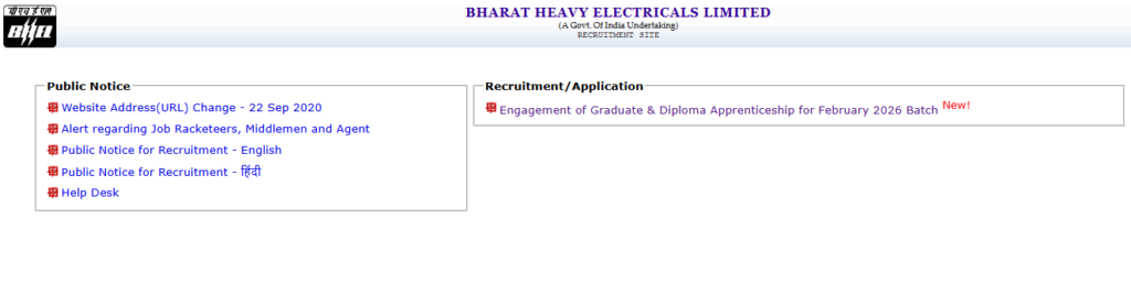 HER website for BHEL Haridwar Apprentices Notification 2025-26