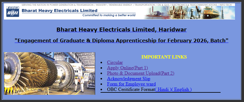 Apply and document upload option for BHEL Haridwar Apprentices Notification 2025-26