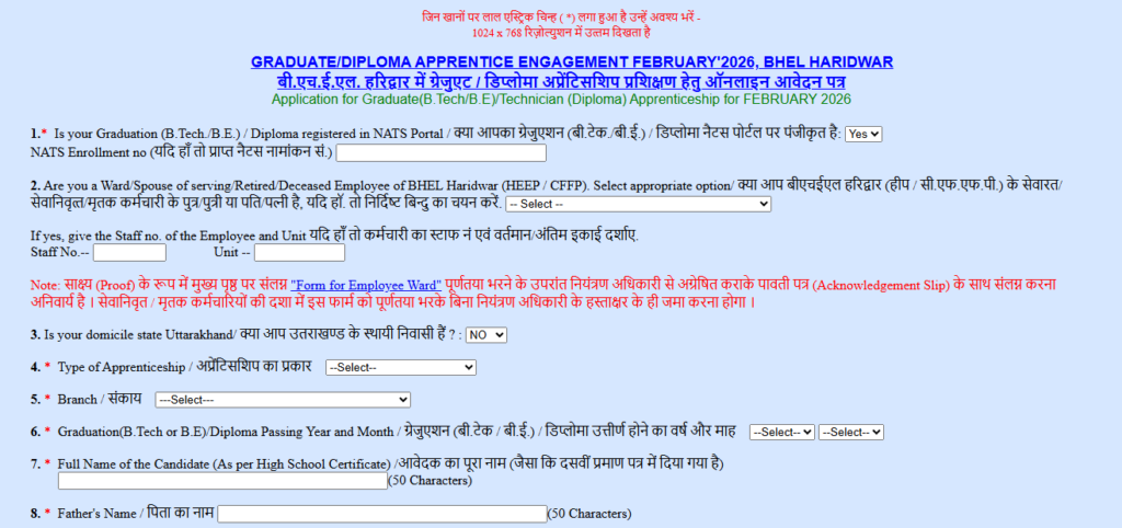 Registration form for BHEL Haridwar Apprentices Notification 2025-26