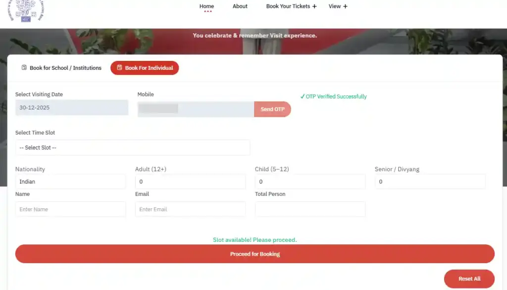 Add details for booking Dr. APJ Abdul Kalam Science City E-Booking Start 2026