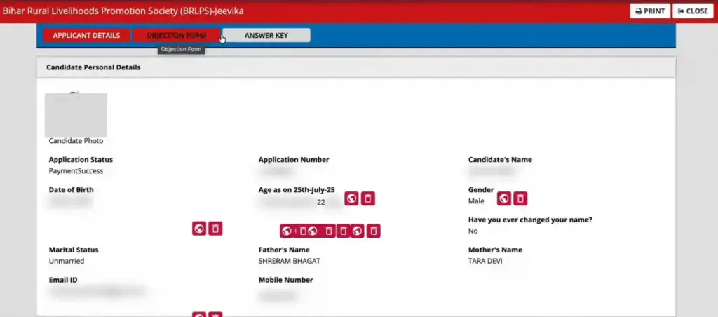 User profile shoe for Bihar Jeevika Answer Key 2025