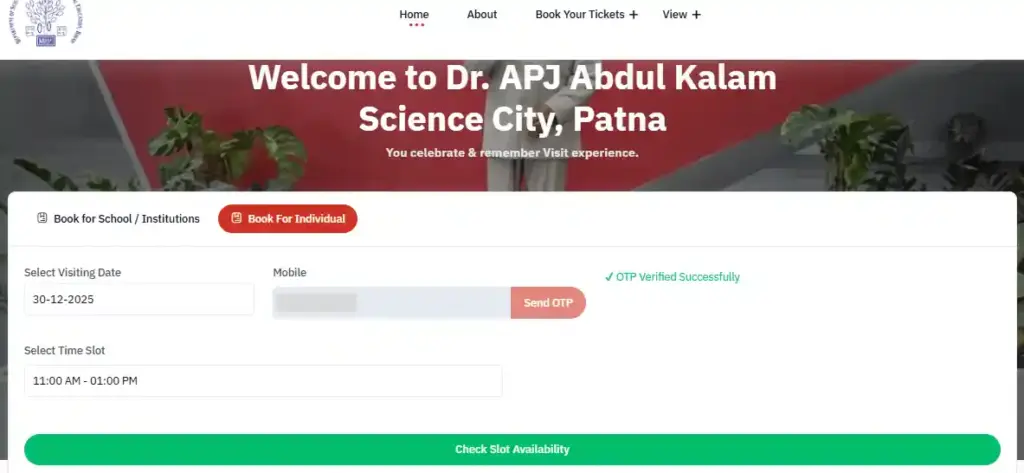 OTP verfiction for Dr. APJ Abdul Kalam Science City E-Booking Start 2026