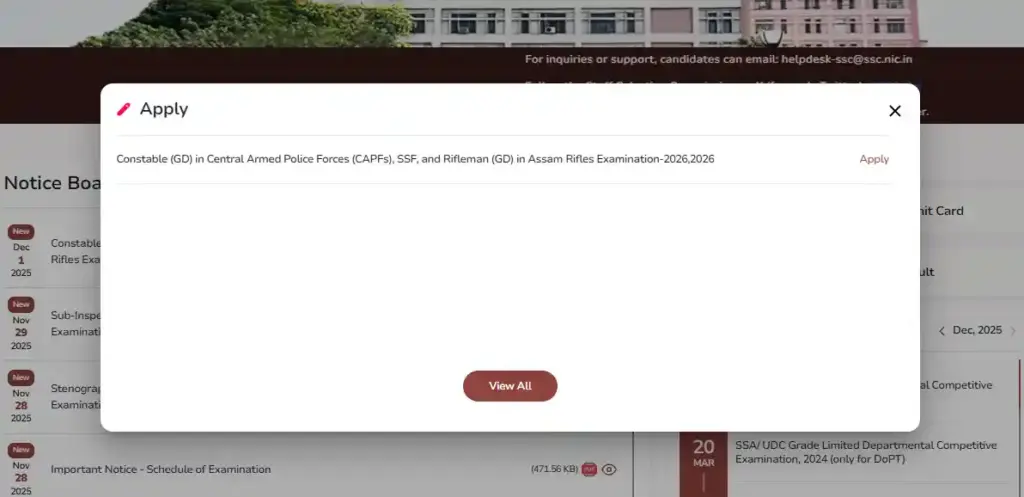 Constable (GD) in Central Armed Police Forces (CAPFs), SSF, and Rifleman (GD) in Assam Rifles Examination-2026,2026 apply option for SSC GD Recruitment 2025