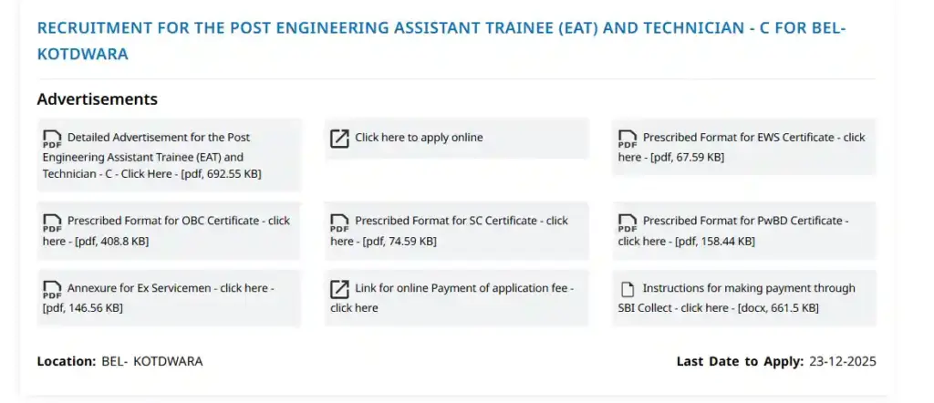Apply option for BEL Recruitment 2025