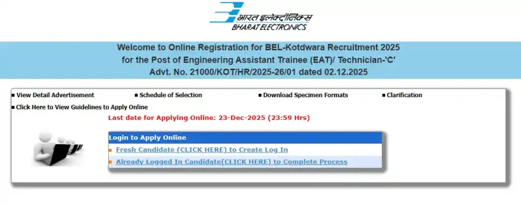 registration and login option for BEL Recruitment 2025