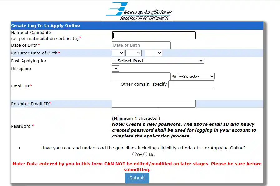 registration form for BEL Recruitment 2025