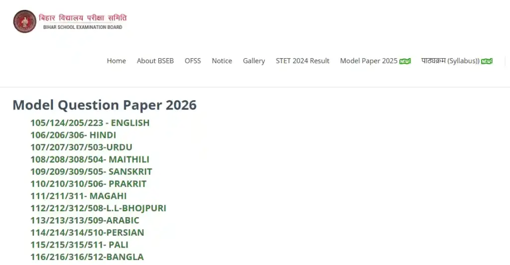 Model Question Paper list for Bihar Board Class 12th Model Paper 2026