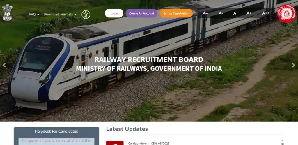 RRB Apply website for RRB ALP Recruitment Status Notice Out