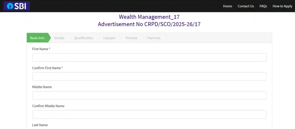 Registration form image for SBI SCO Recruitment 2025