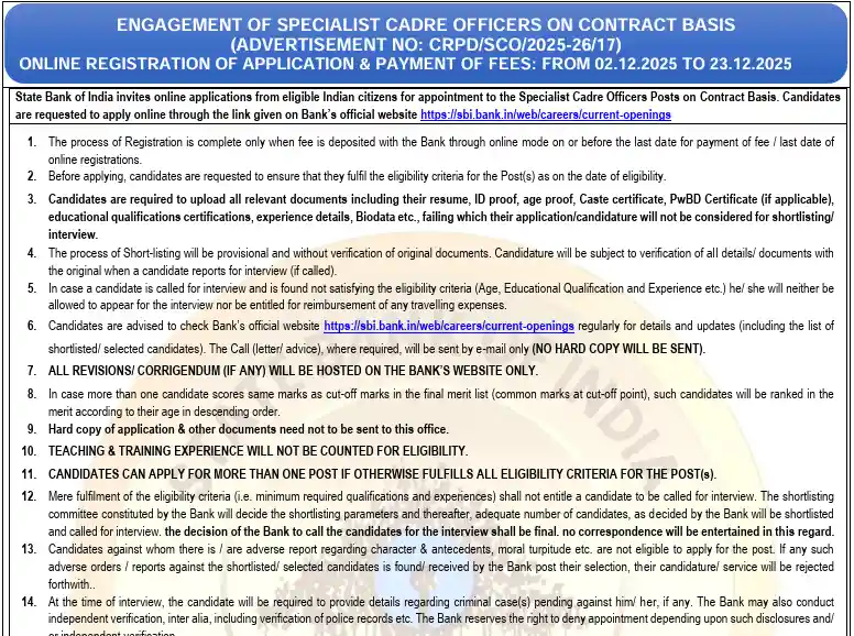 Official Notification image of SBI SCO Recruitment 2025