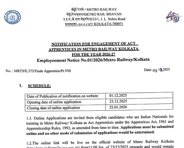 Kolkata Metro Railway Apprentice Vacancy 2026 Official Notification image for Kolkata Metro Railway Apprentice Vacancy 2026