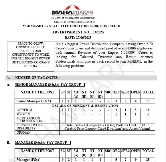 Official notification image of MSEDCL Recruitment 2025