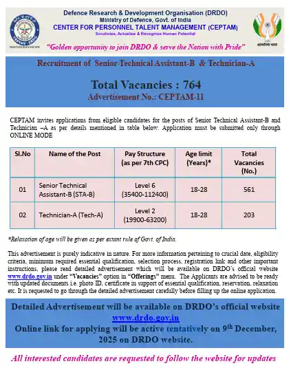 DRDO CEPTAM 11 Recruitment 2025 Short notice image of DRDO CEPTAM 11 Recruitment 2025