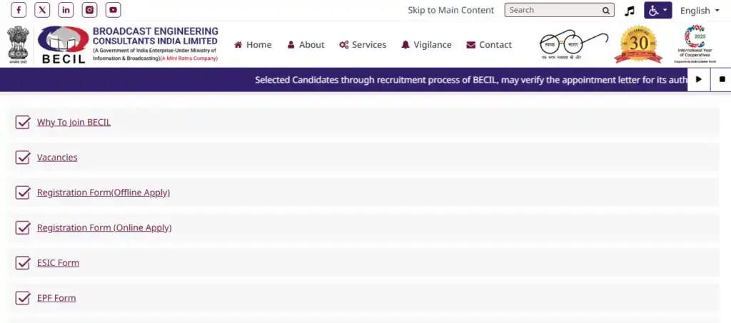 Offline form for BECIL Recruitment 2026