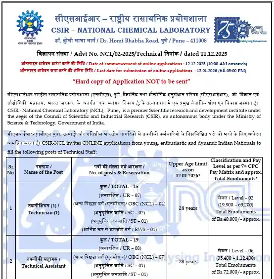 CSIR NCL Recruitment 2025 Notification image of CSIR NCL Recruitment 2025