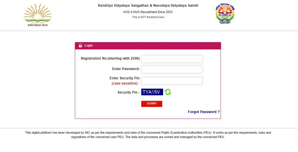 Login Form KVS NVS Teaching & Non-Teaching Admit Card 2025