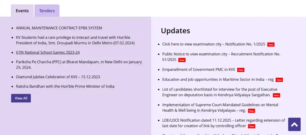 KVS website Update section for KVS NVS Teaching & Non-Teaching Admit Card 2025