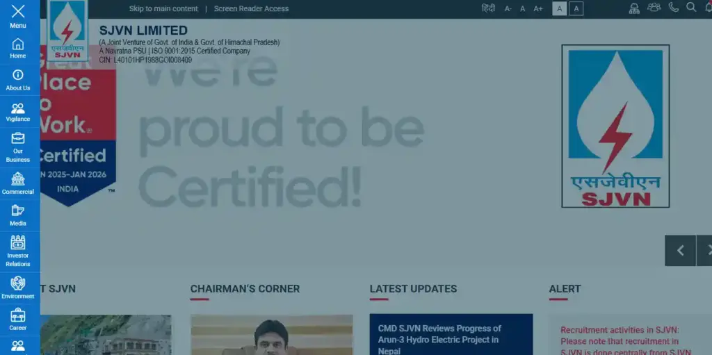 Carrer option in SJVN website home page for SJVN Apprentices Recruitment 2026