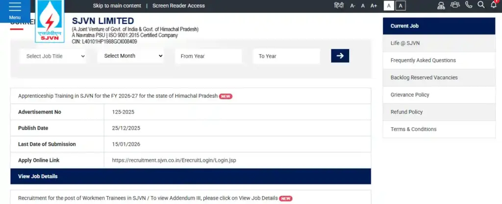 Apply Link For SJVN Apprentices Recruitment 2026