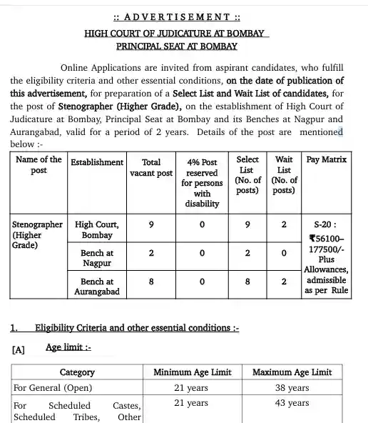 Bombay High Court Recruitment 2025 Officila notification image of Bombay High Court Recruitment 2025