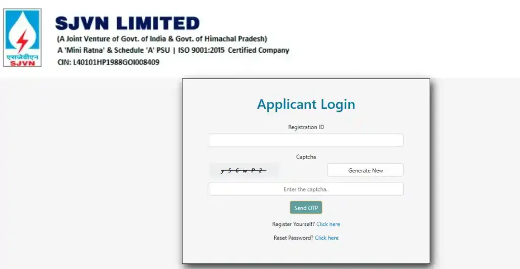 Login form for SJVN Apprentices Recruitment 2026