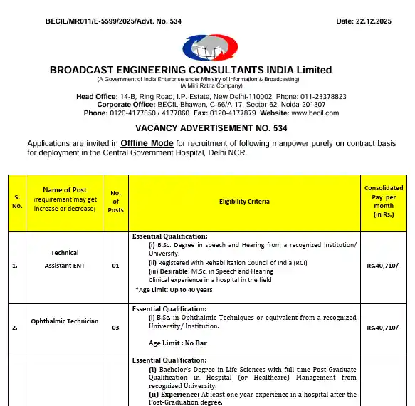 official notification image of BECIL Recruitment 2026