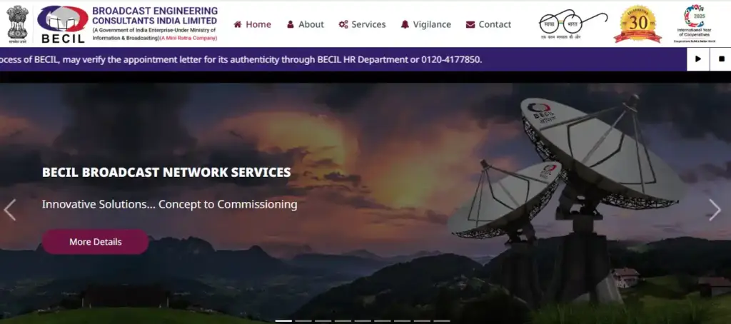 becil website homepage for BECIL Recruitment 2026