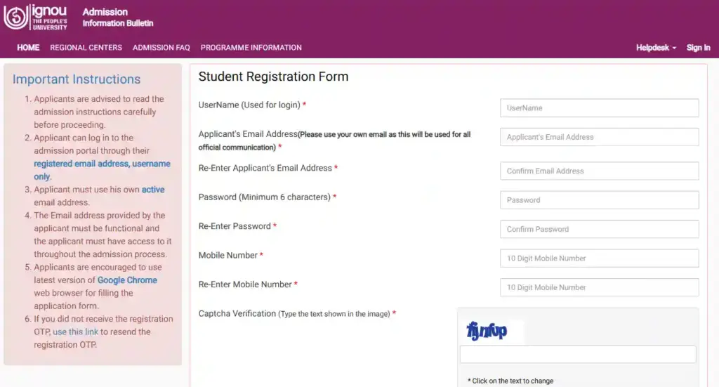 IGNOU Admission 2026 Registration form for IGNOU Admission 2026