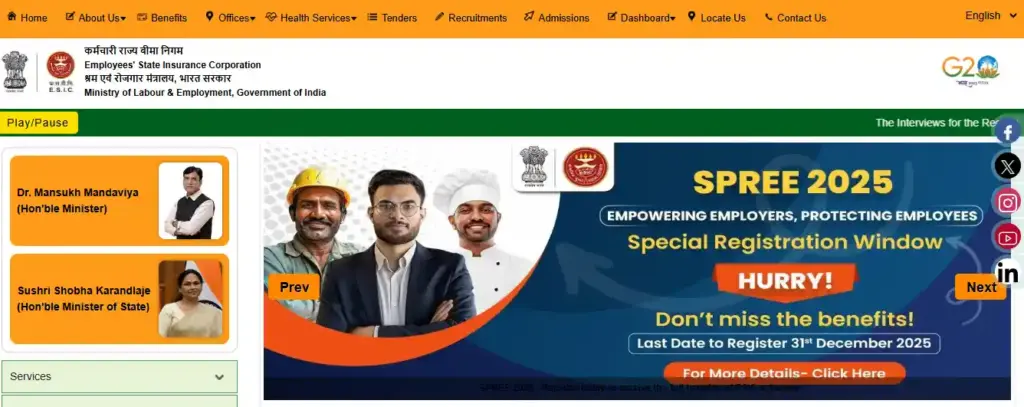 ESIC website for ESIC Medical College Varanasi Recruitment 2026