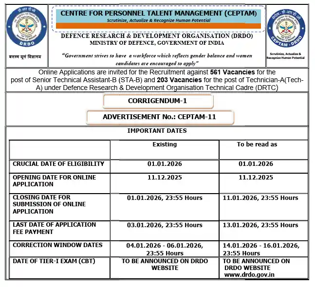 Date extended notic image for DRDO CEPTAM 11 Recruitment 2025