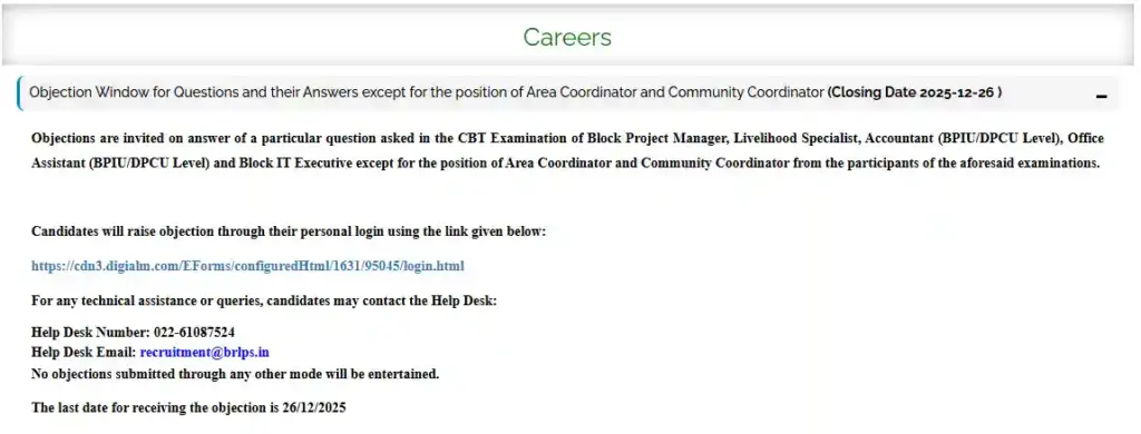 Bihar Jeevika Answer Key 2025 Notice