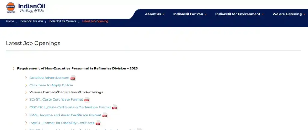 apply option for IOCL Non Executive Recruitment 2026