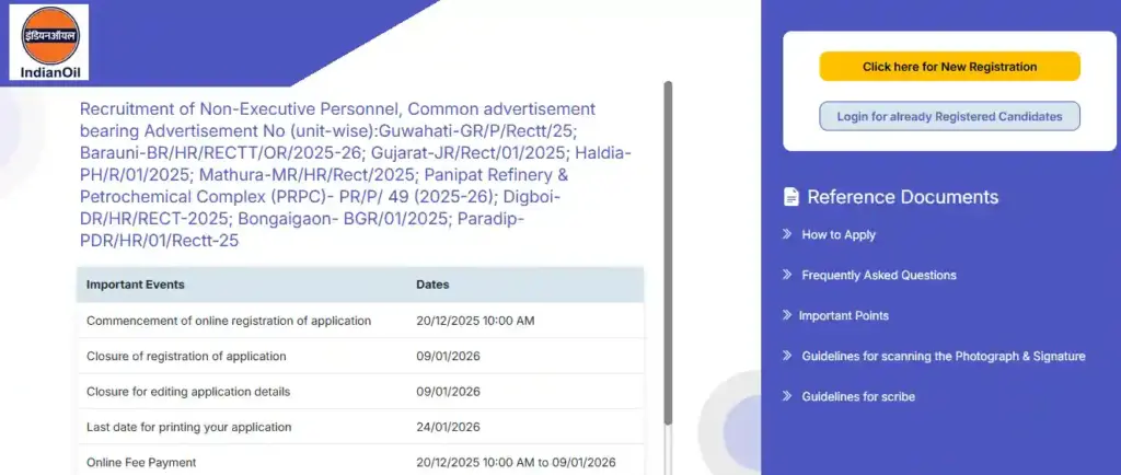 Registration and login option for IOCL Non Executive Recruitment 2026