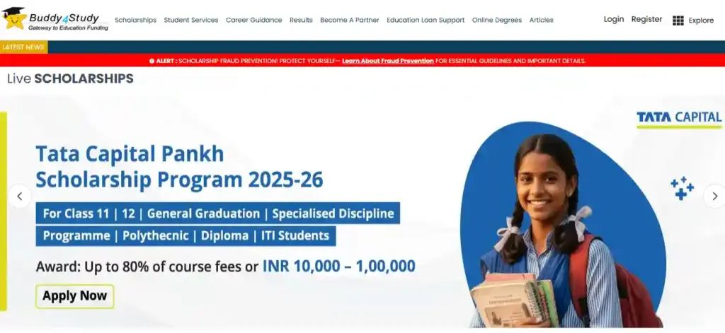 Buddy4study.com website homepage image for Tata Capital Pankh Scholarship 2025–26