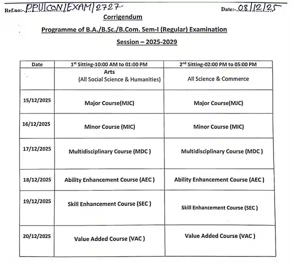 PPU Sem 1 Admit Card 2025 PPU Sem 1 Exam Schedule 2025 And PPU Sem 1 Admit Card 2025 information