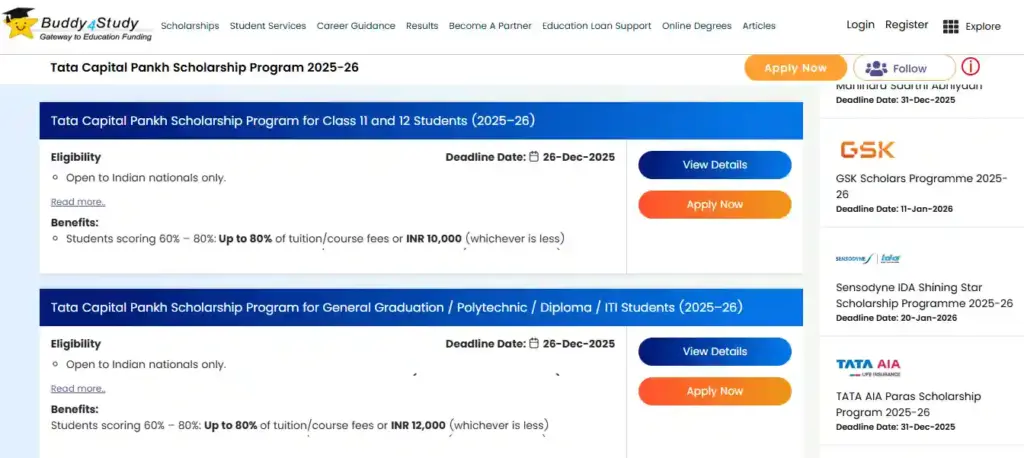 apply option for Tata Capital Pankh Scholarship 2025–26