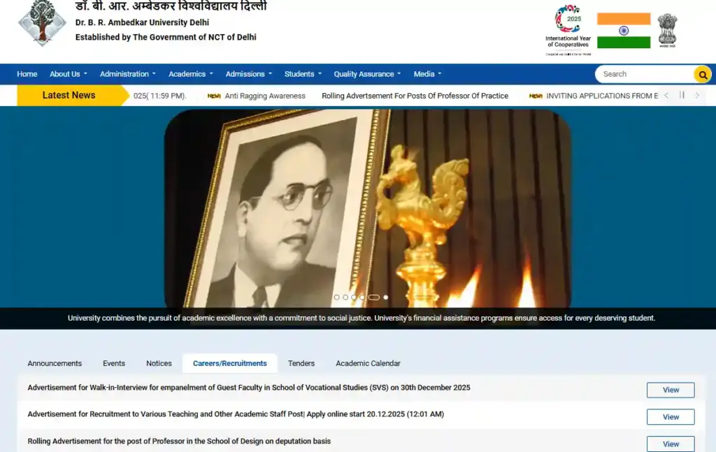 Dr. B. R. Ambedkar University Delhi website home page for Ambedkar University Delhi Recruitment 2025