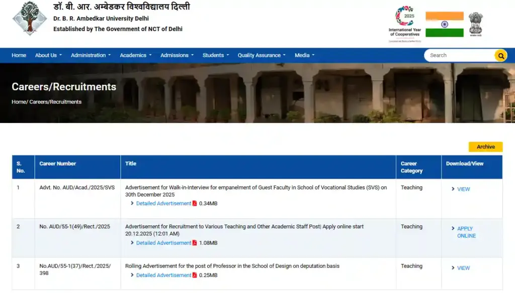 apply option for Ambedkar University Delhi Recruitment 2025