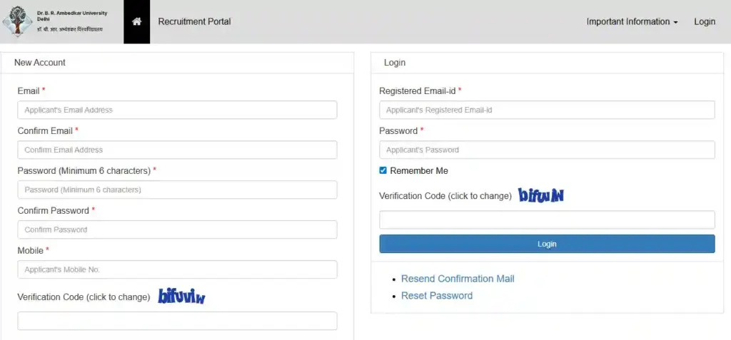 Registration and login page for Ambedkar University Delhi Recruitment 2025