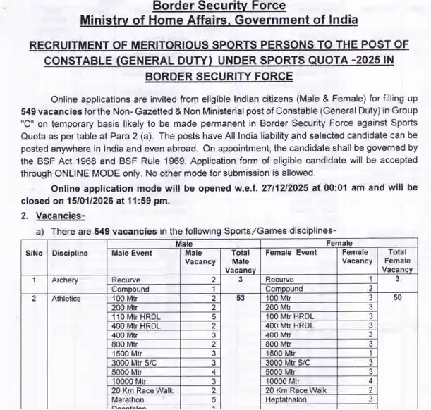 official notification image of BSF Sports Quota Constable (GD) Recruitment 2025