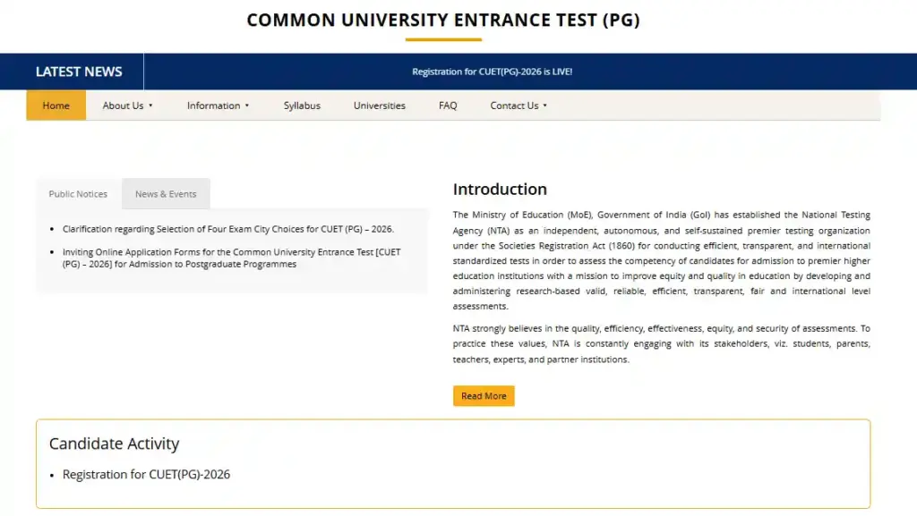 Bihar BEd Syllabus 2026 Home page of cuetpg website for CUET PG Admission 2026
