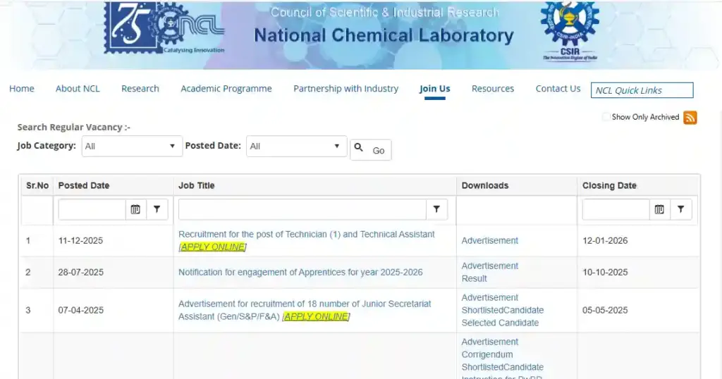 Recruitment for the post of Technician (1) and Technical Assistant [APPLY ONLINE]' apply option for CSIR NCL Recruitment 2025