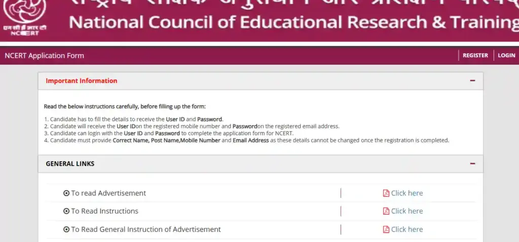 Registration option for NCERT Recruitment 2025-26