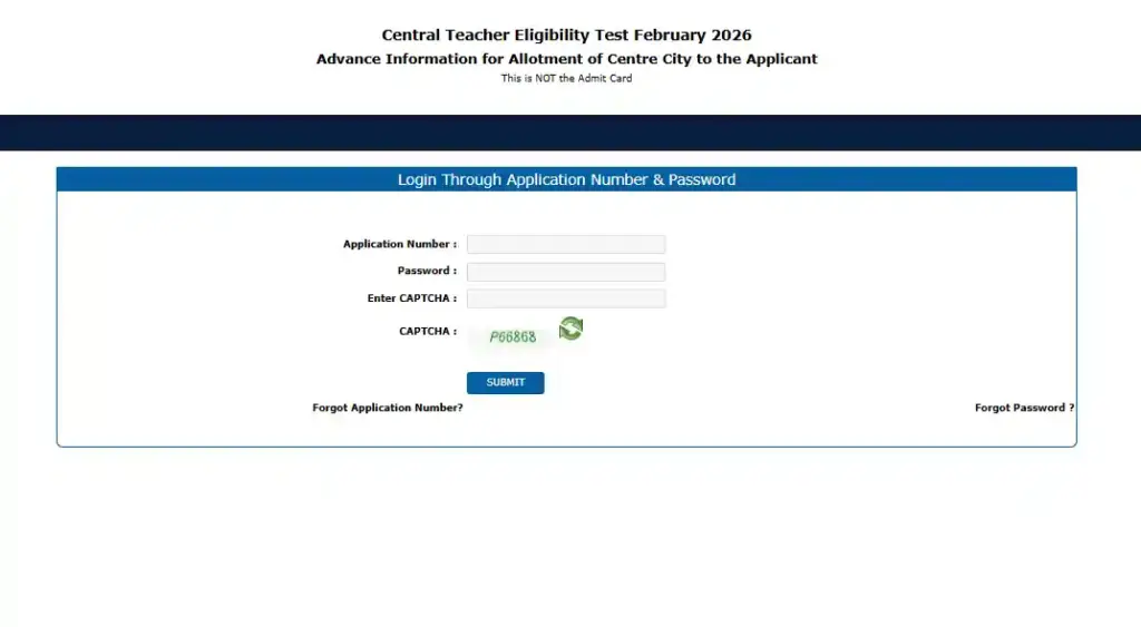 Login form image for CTET Exam City Check