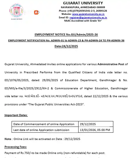 officail notification image of Gujarat University Recruitment 2026