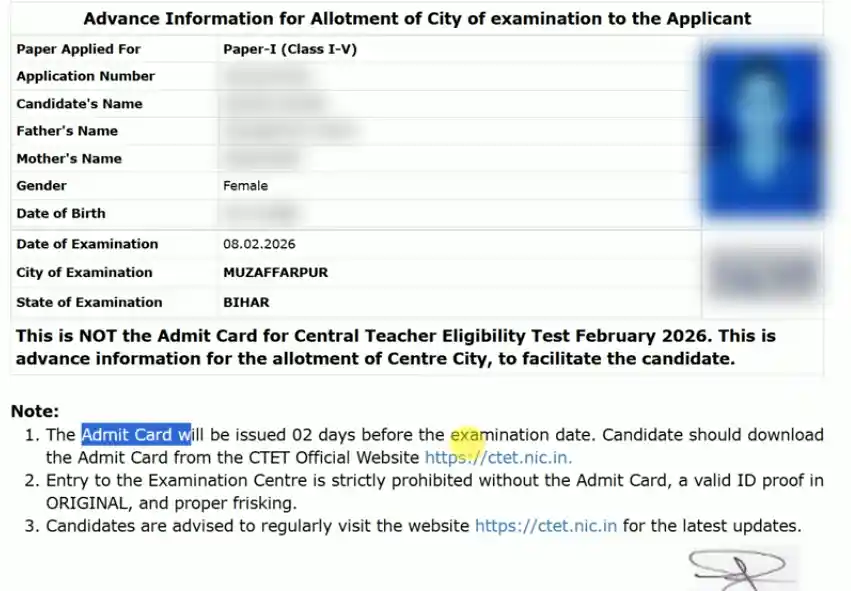 City Intimation Slip image for CTET Exam City Check